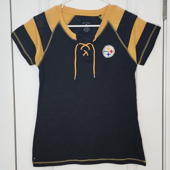 Antigua Tops - Antigua Steelers NFL Football Lace Up T-Shirt Patch Logo Black Gold M